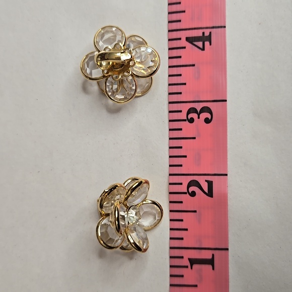 Vintage 90s Clear Circle Crystal Flower Design Gold-Tone Clip-On Earrings EUC - Picture 4 of 4